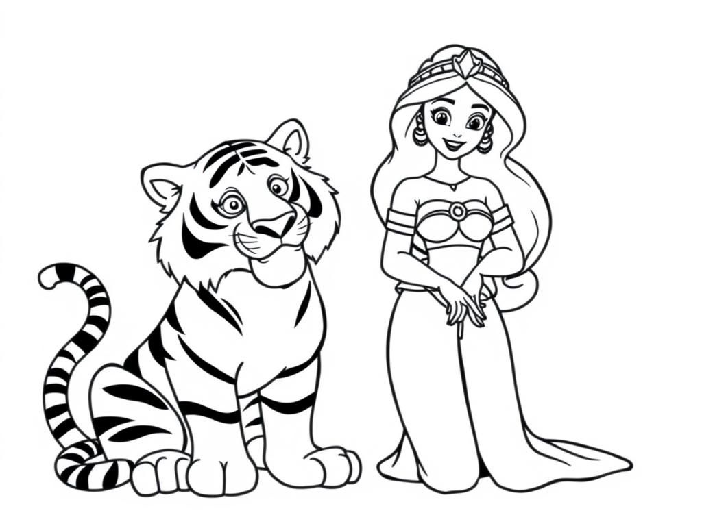 Princess and Tiger Coloring Page