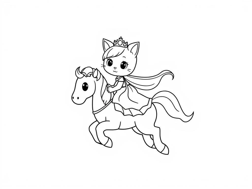 Cat Princess Riding a Unicorn Coloring Page