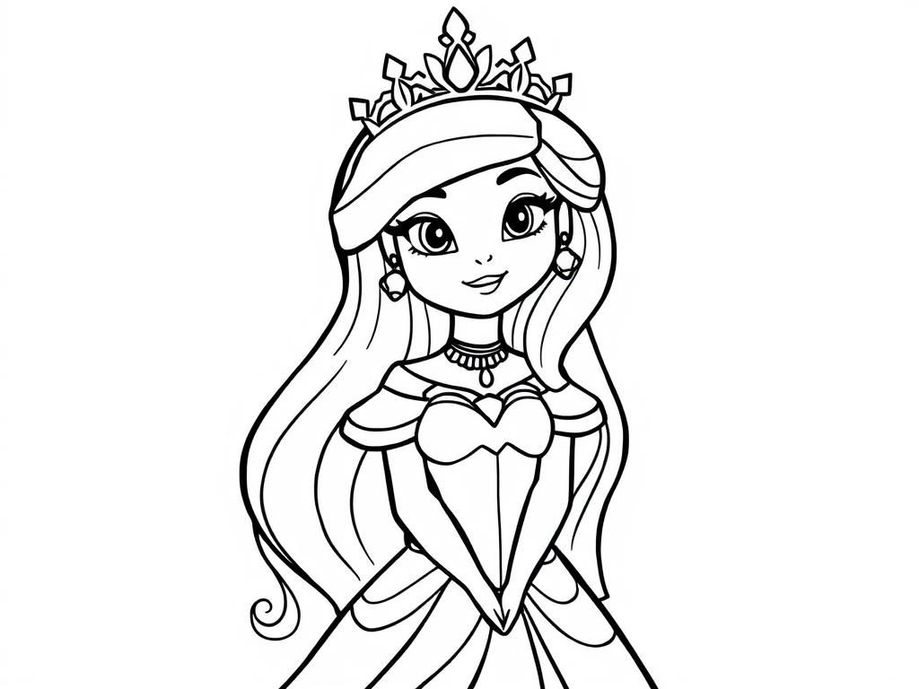 Princess Coloring Page with Crown and Long Hair