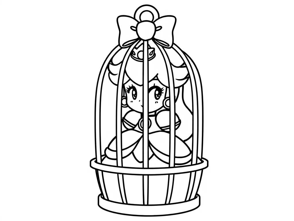 princess peach in a cage with a bow on top