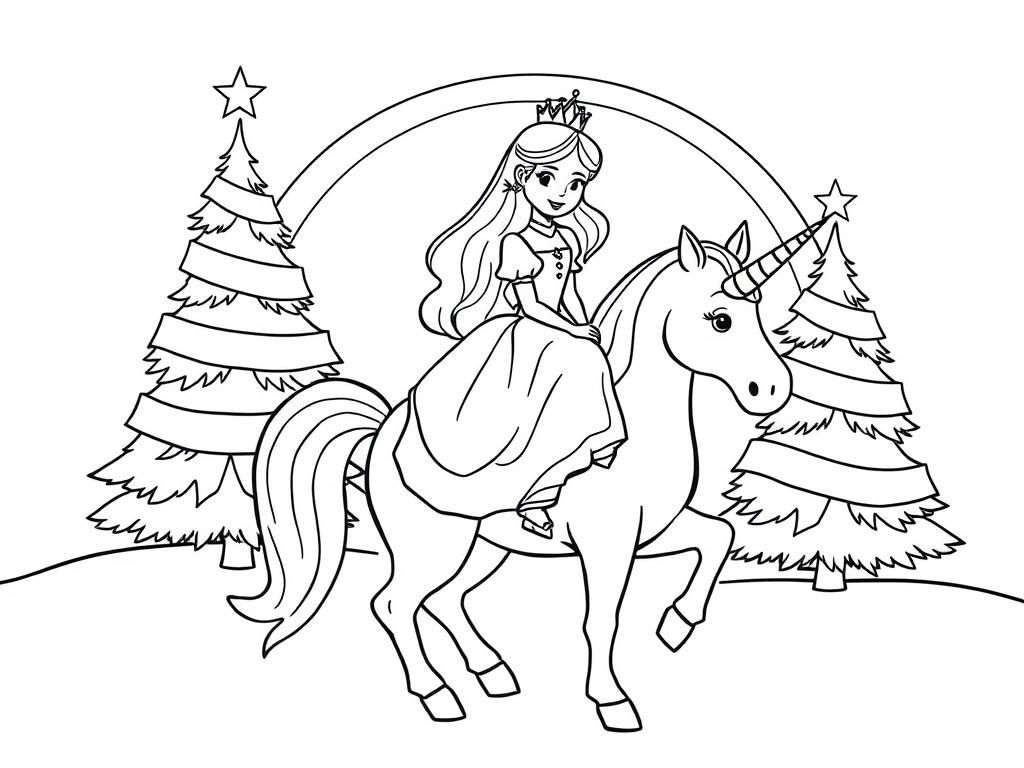 Preview of Princess sitting on a unicorn and in the background a couple of christmas trees with rainbows as decoration