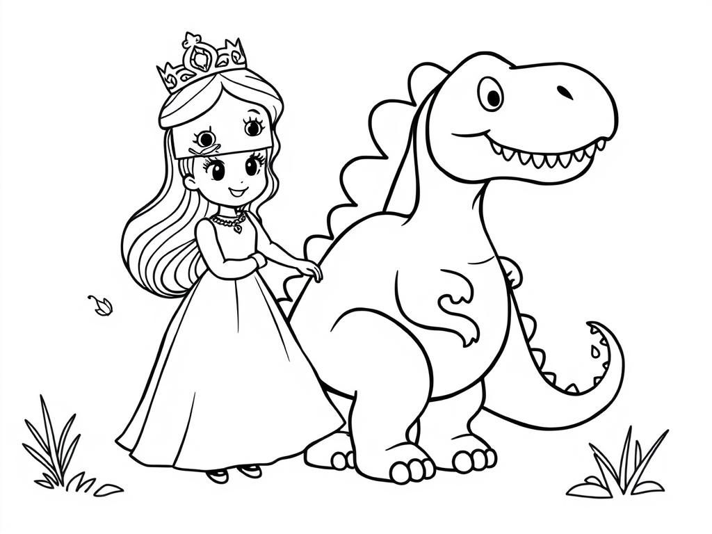 Princess and Dinosaur Coloring Page