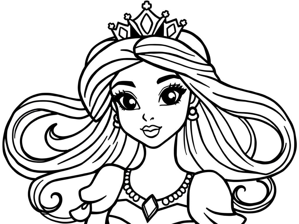 princess with small lips, very long hair with crown and diamonds. nice dress - Free Printable Coloring Page