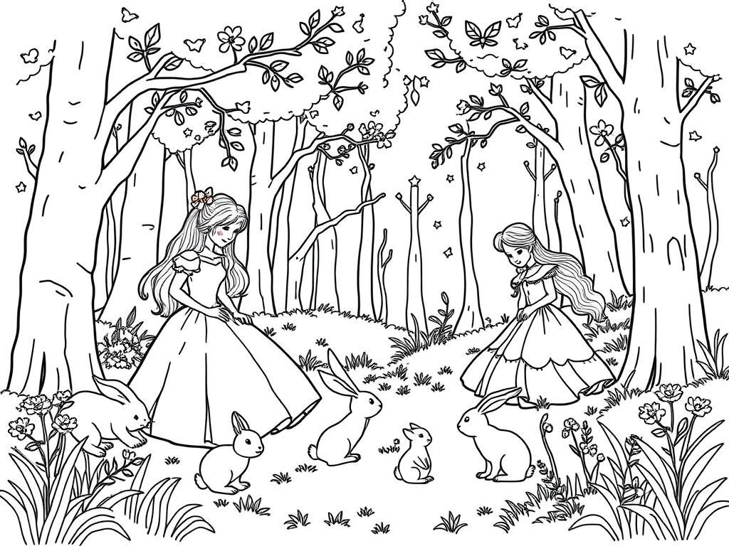 Princesses and rabbits playing in forest