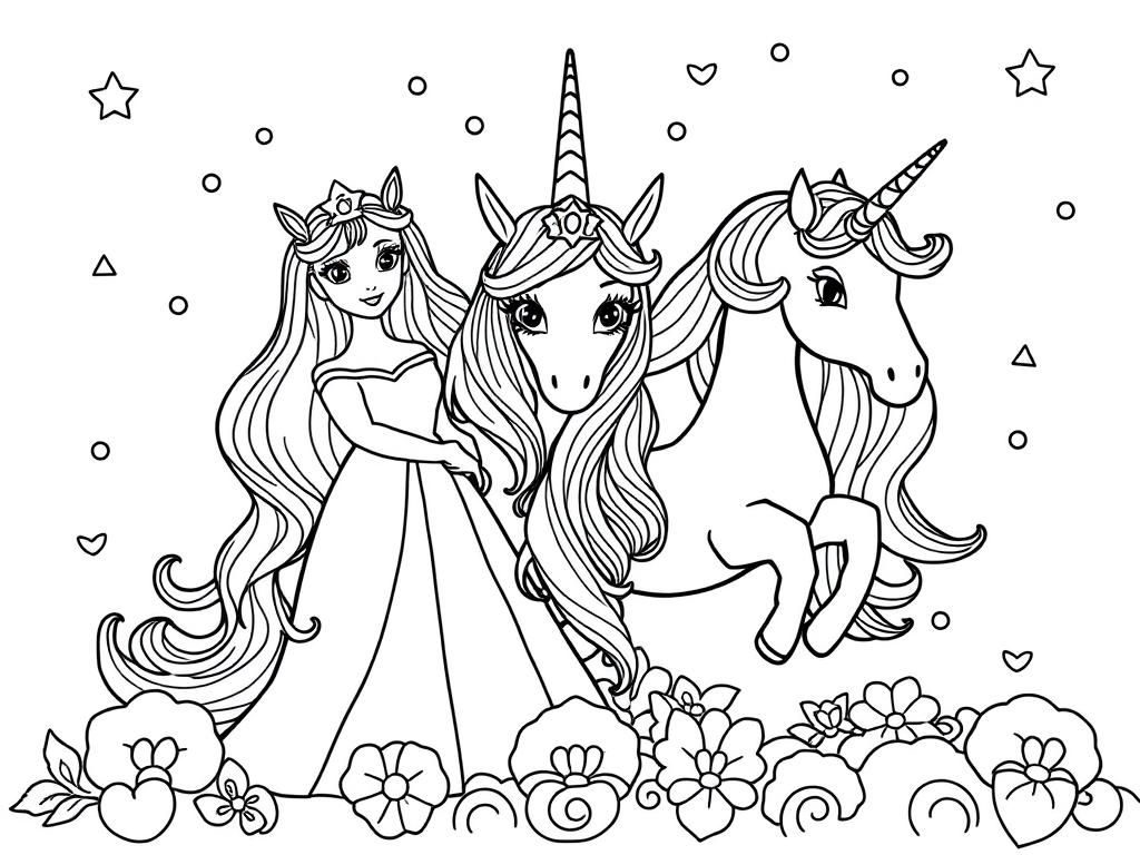 Princess and Unicorn Coloring Page