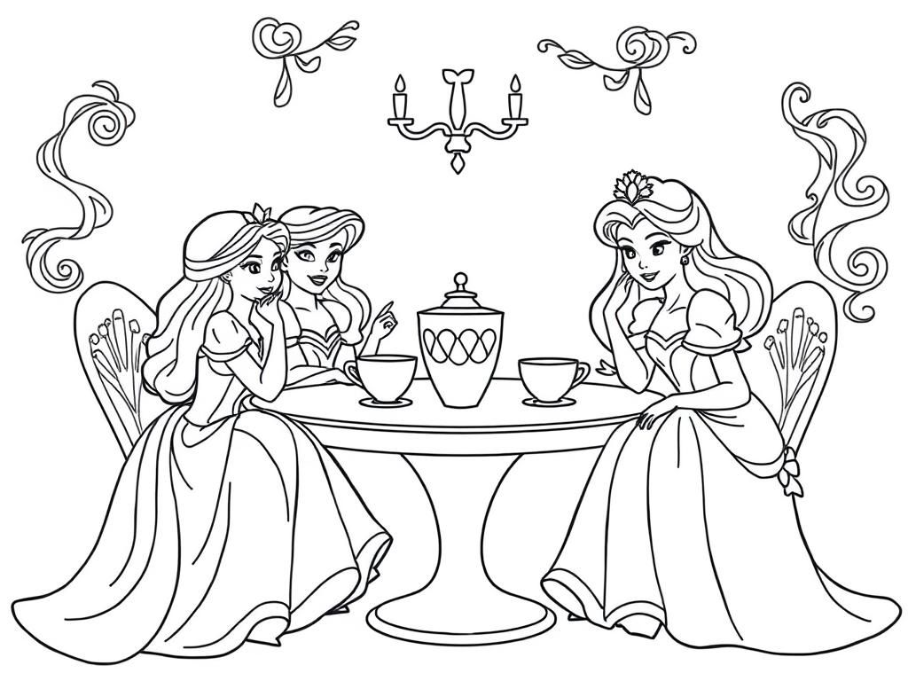 Disney Princesses Tea Party Coloring Page