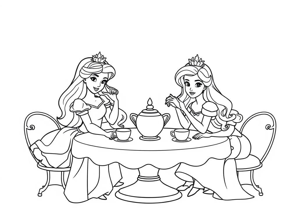 Princesses having a tea party - Free Printable Coloring Page