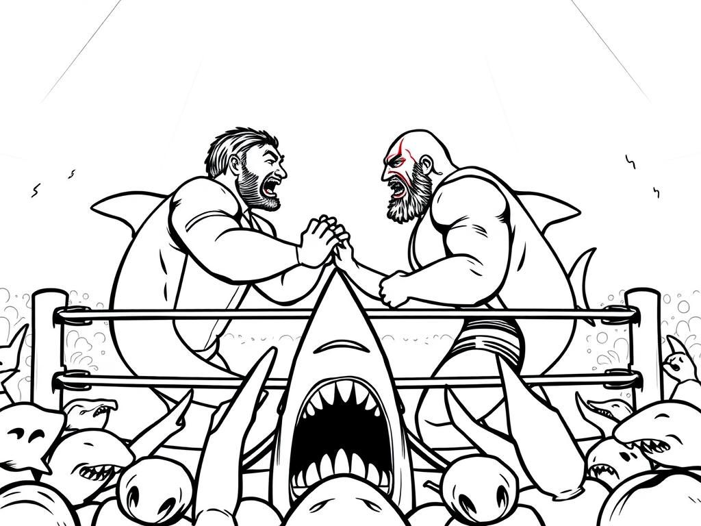 professional wrestlers in a ring surrouned by sharks