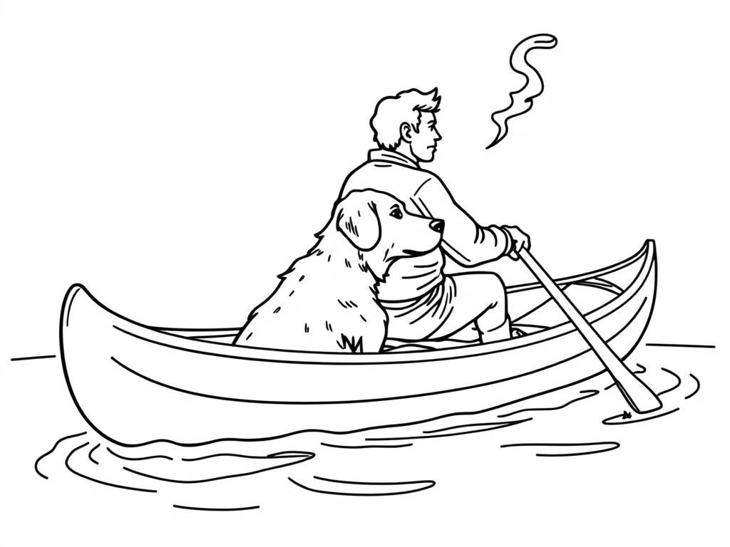 profile view of canoe with brown dog in the front and man smoking in the back