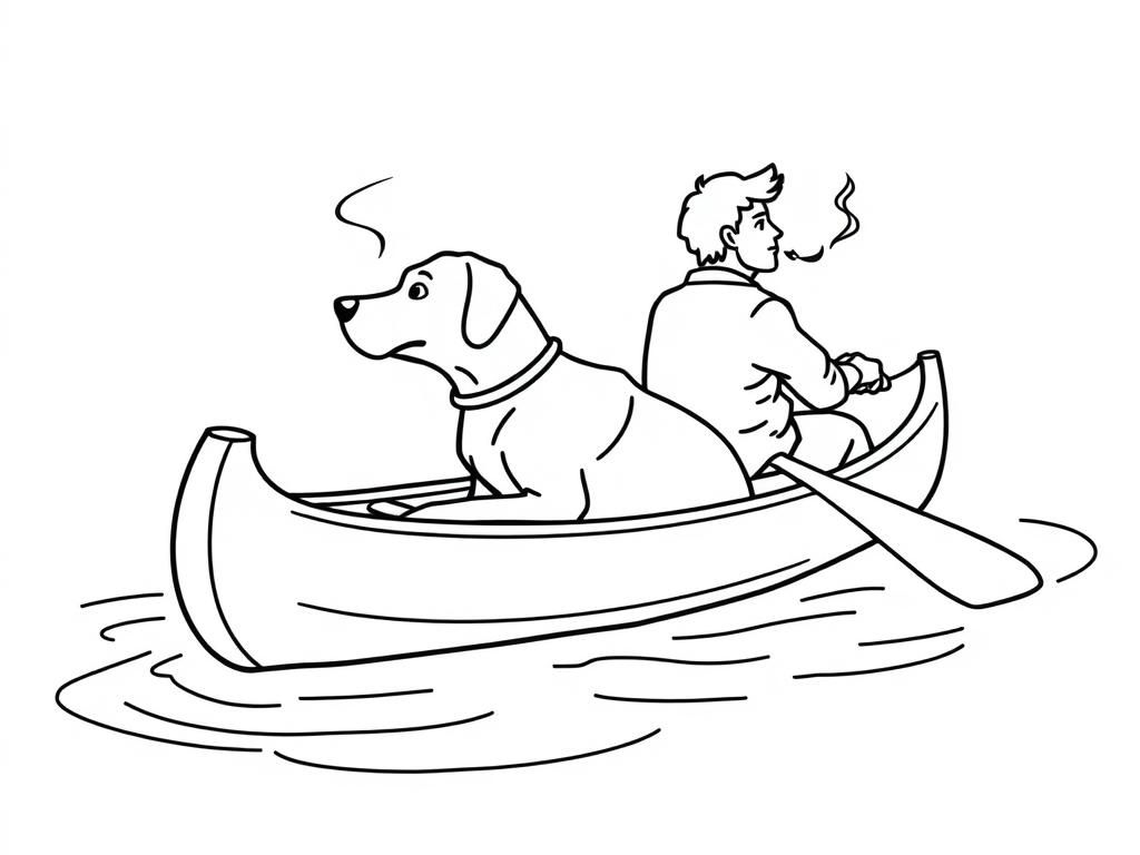 profile view of canoe with brown dog in the front and man smoking in the back