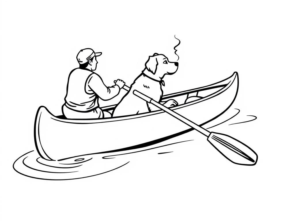 profile view of canoe with brown dog in the front and man smoking in the back