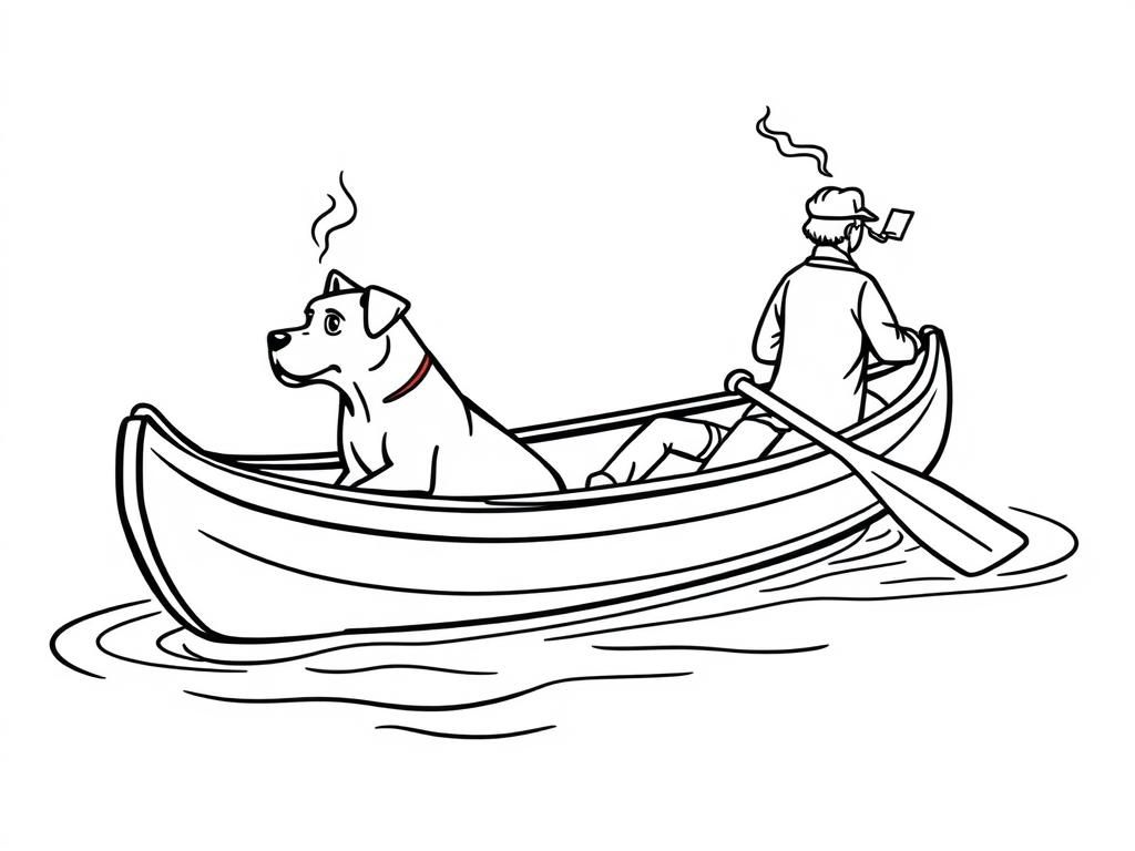 profile view of canoe with front brown dog  and back smoking man