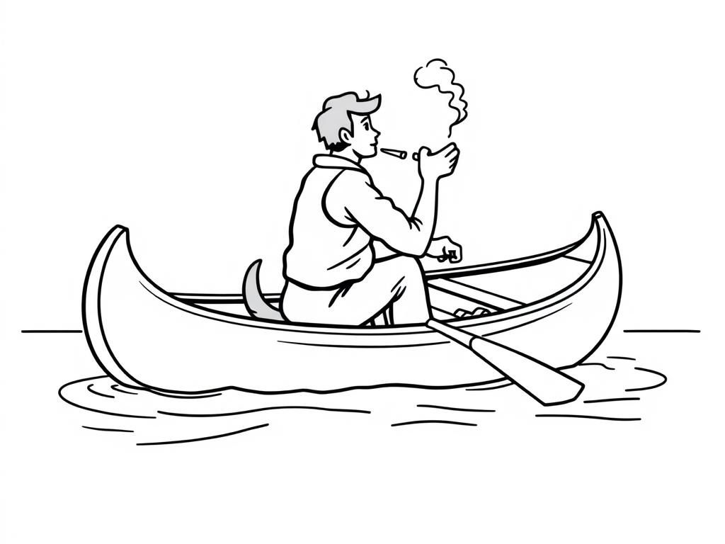 profile view of canoe with front brown dog  and  cigaret smoking man