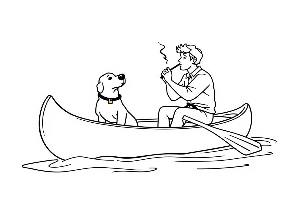 profile view of canoe with front brown dog  and  cigaret smoking man