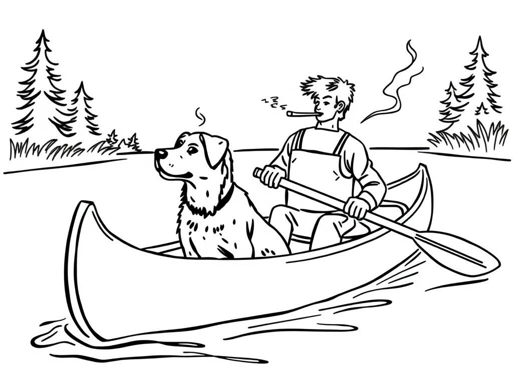 profile view of canoe with front brown dog  and  cigaret smoking man