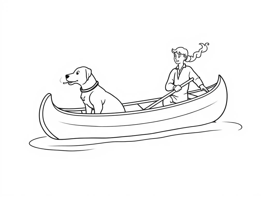 profile view of canoe with front brown dog  and  cigaret smoking man