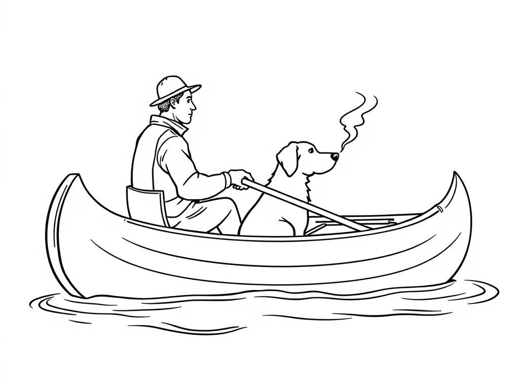 profile view of canoe with front brown dog  and  cigaret smoking man