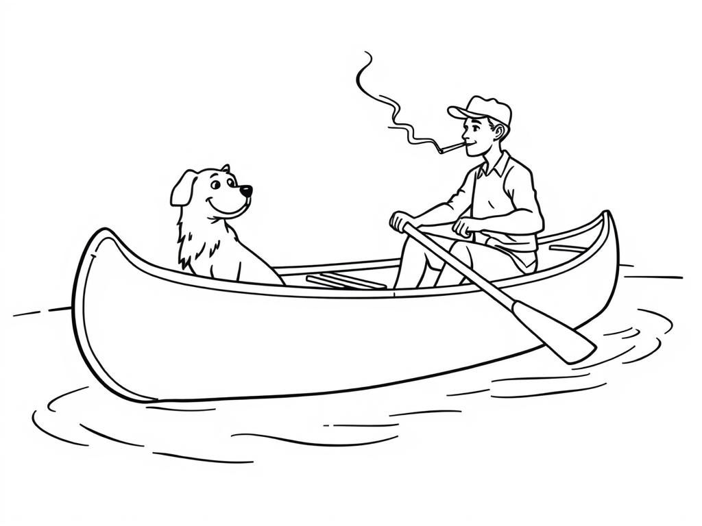 profile view of canoe with front brown dog  and  cigaret smoking man