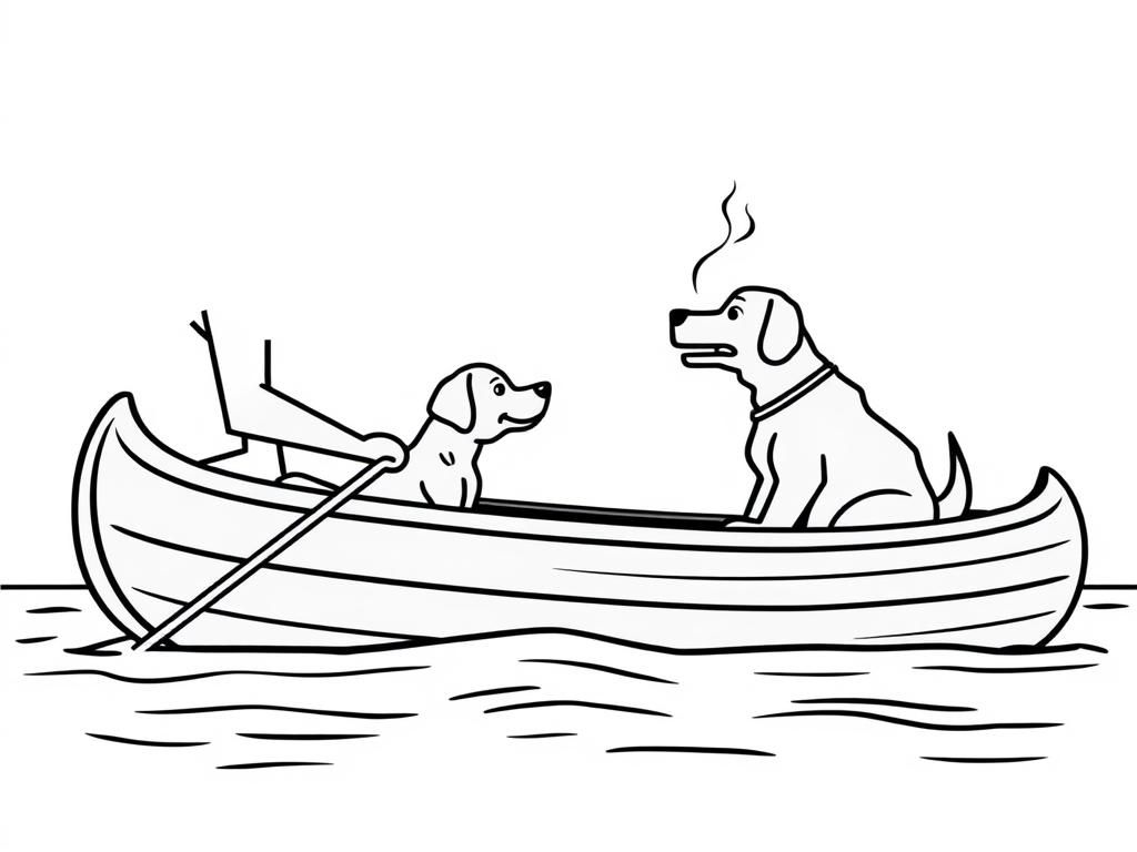 profile view of canoe with front brown dog  and  cigaret smoking man