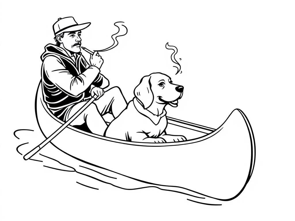 profile view of canoe with front brown dog  and  cigaret smoking man