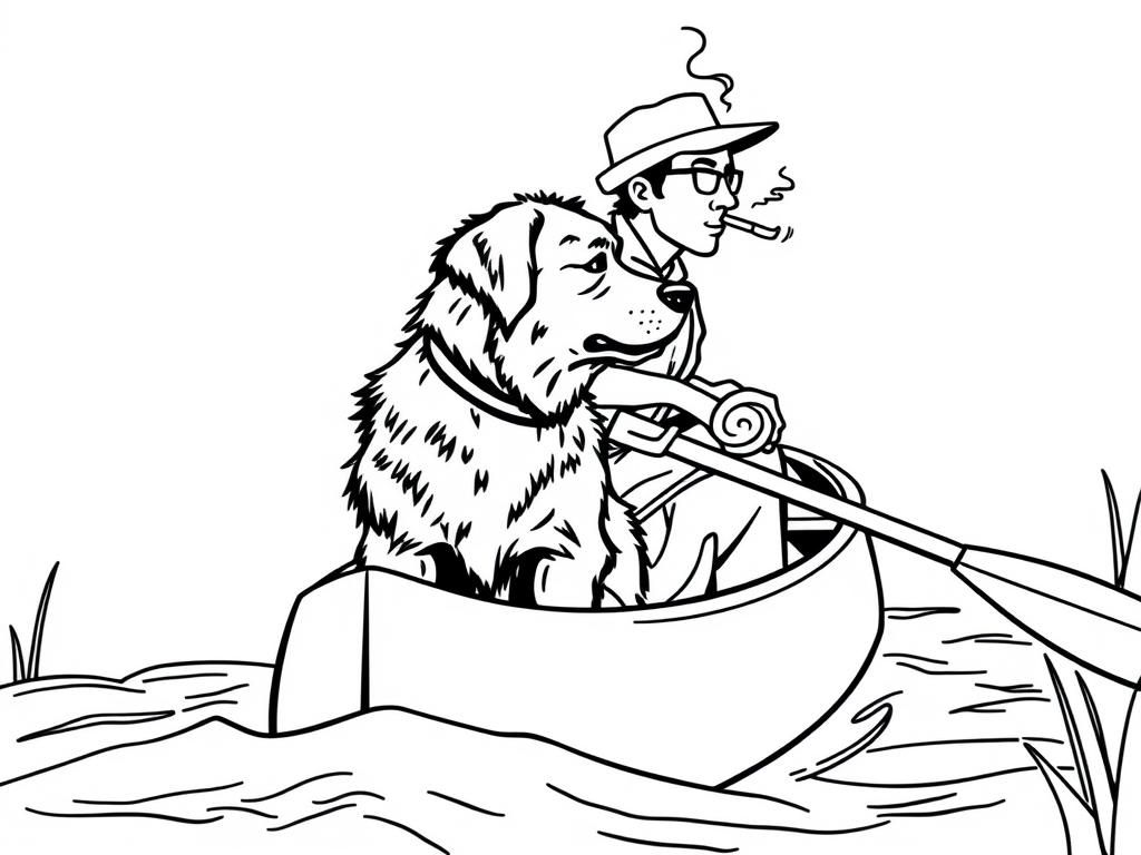 profile view of canoe with front brown dog  and  cigaret smoking man