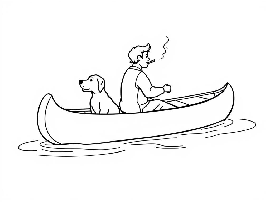 profile view of canoe with front brown dog  and  cigaret smoking man