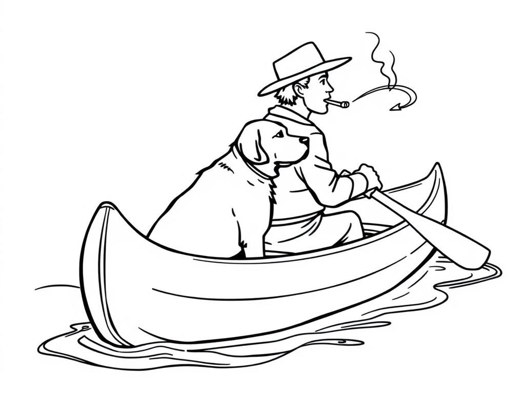 profile view of canoe with front brown dog  and  cigaret smoking man