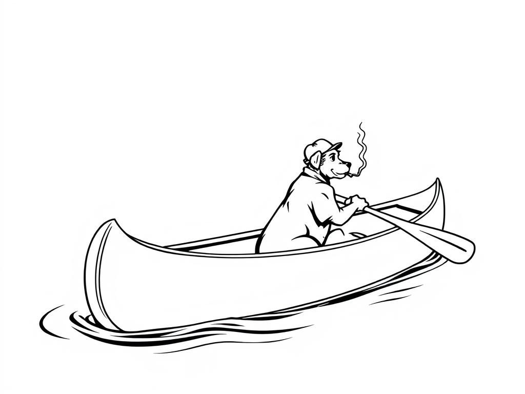 profile view of canoe with front brown dog  and  cigaret smoking man