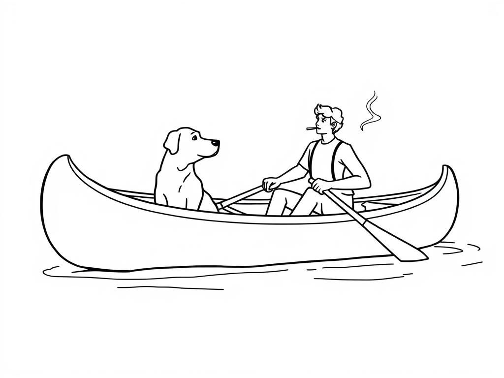 profile view of canoe with front brown dog  and  cigaret smoking man