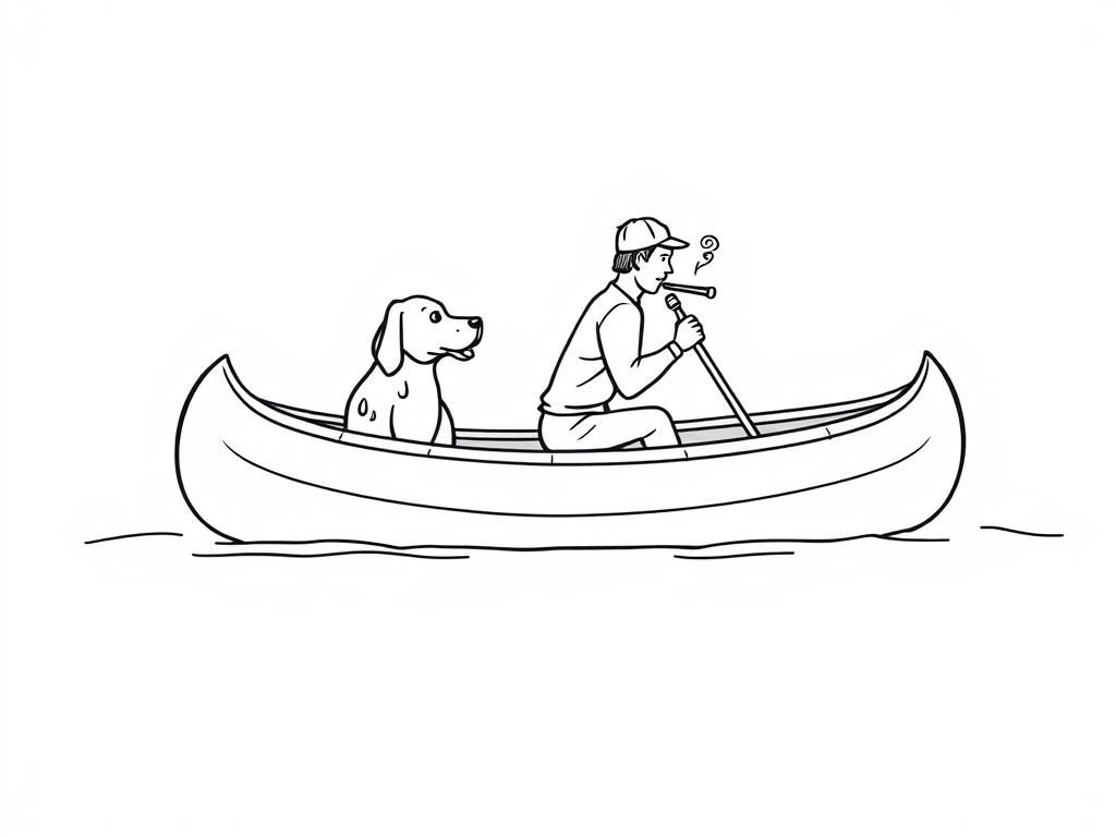 profile view of canoe with front brown dog  and  cigaret smoking man