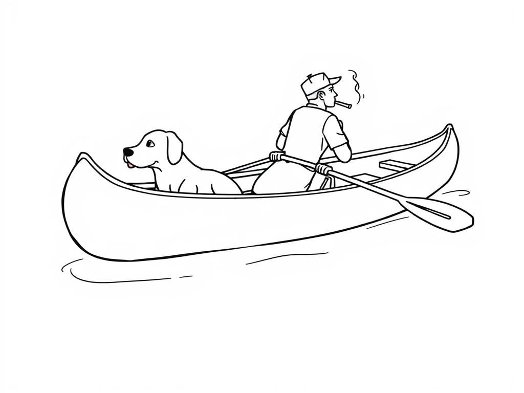 profile view of canoe with front brown dog  and  cigaret smoking man