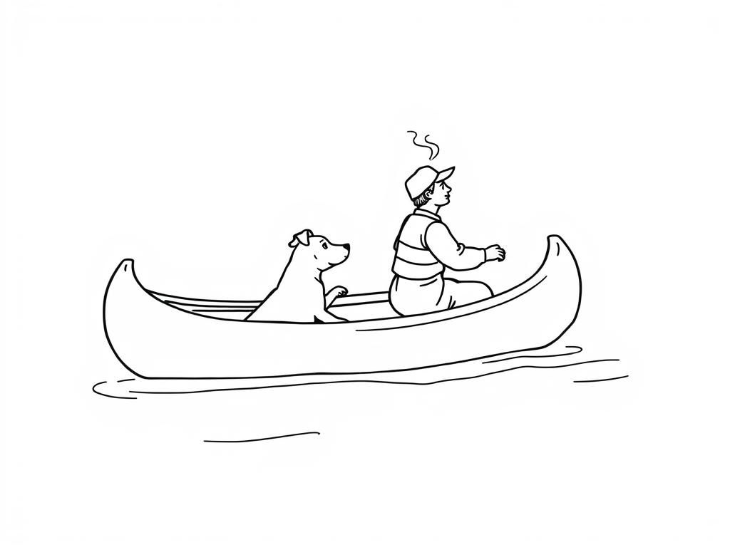 profile view of canoe with front brown dog  and  smoking man