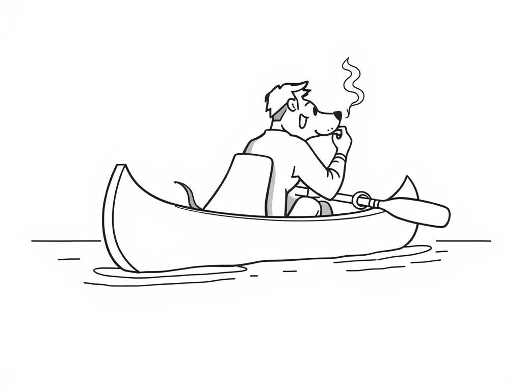 profile view ofcanoe with brown dog in the front and man smoking in the back