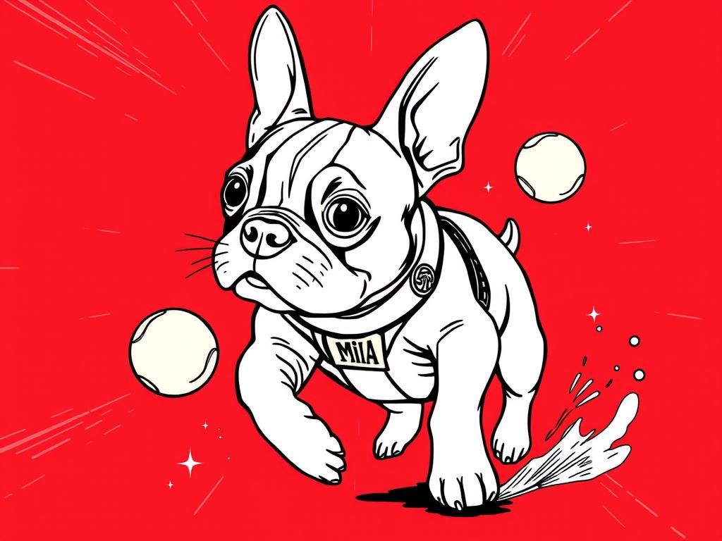 Preview of psychadelic colors. lots of colors. red background. manga-like. crazy boston terrier female with harness that says MIA. full body. chasing tennis balls