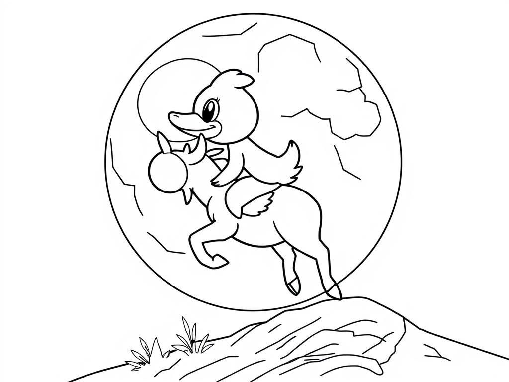 Psyduck pokemon riding a moose over the moon - Free Printable Coloring Page