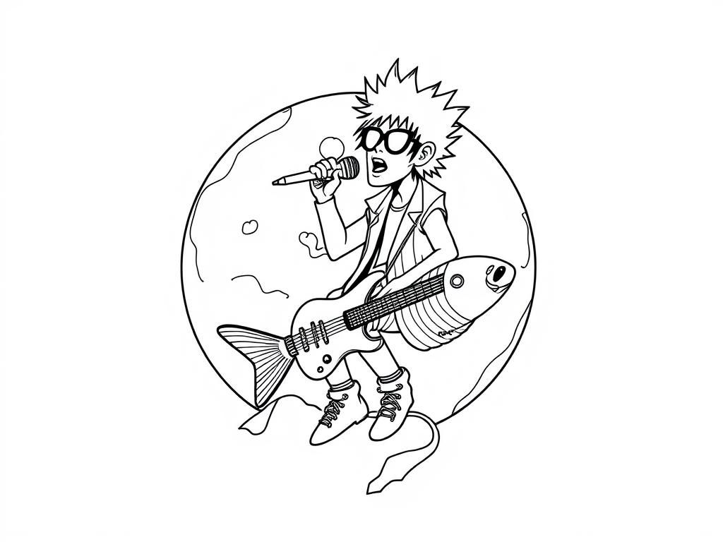 Kleurplaat van een cartoonjongen met muziek