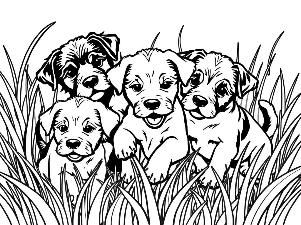 Coloring Page of Happy Puppies in the Grass