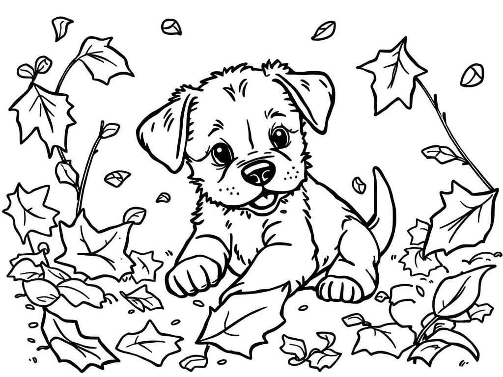 Puppy in herfstbladeren kleurplaat