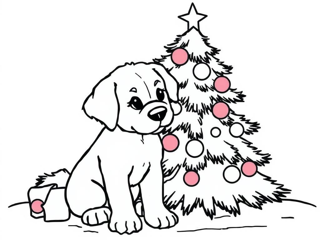 Puppy Christmas Tree Coloring Page