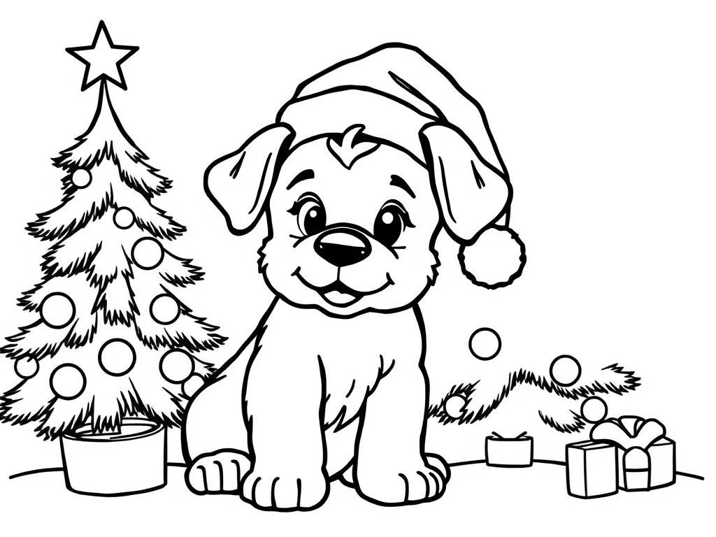 puppy with santa hat next to christmas tree - Free Printable Coloring Page