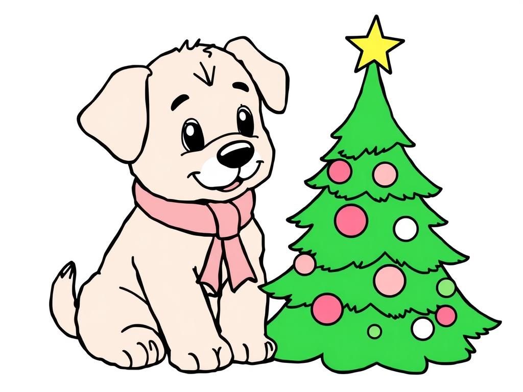 Puppy by Christmas Tree Coloring Page
