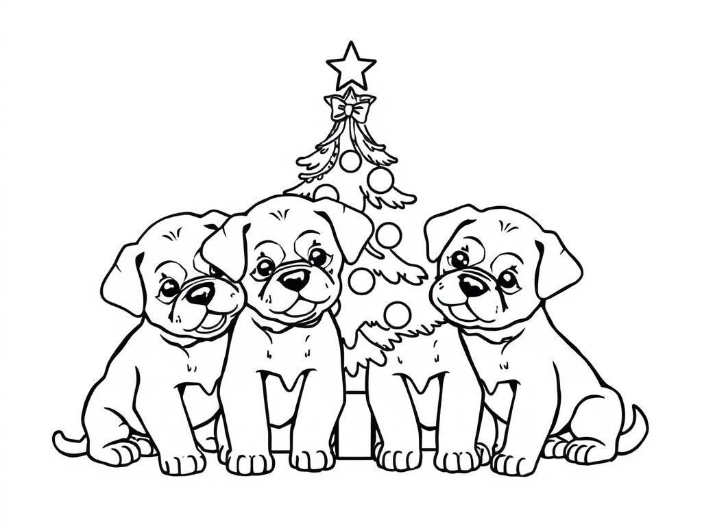 pupys with a christhmas tree - Free Printable Coloring Page