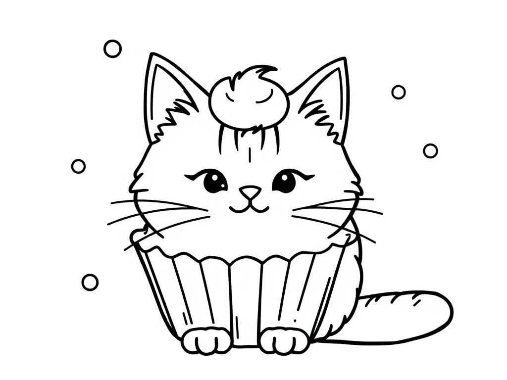 Coloring Page of a Happy Kitten in a Cupcake Wrapper