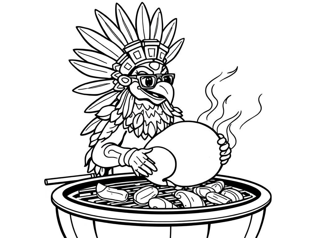 quetzalcoatl cooking turkey on a grill wearing glasses