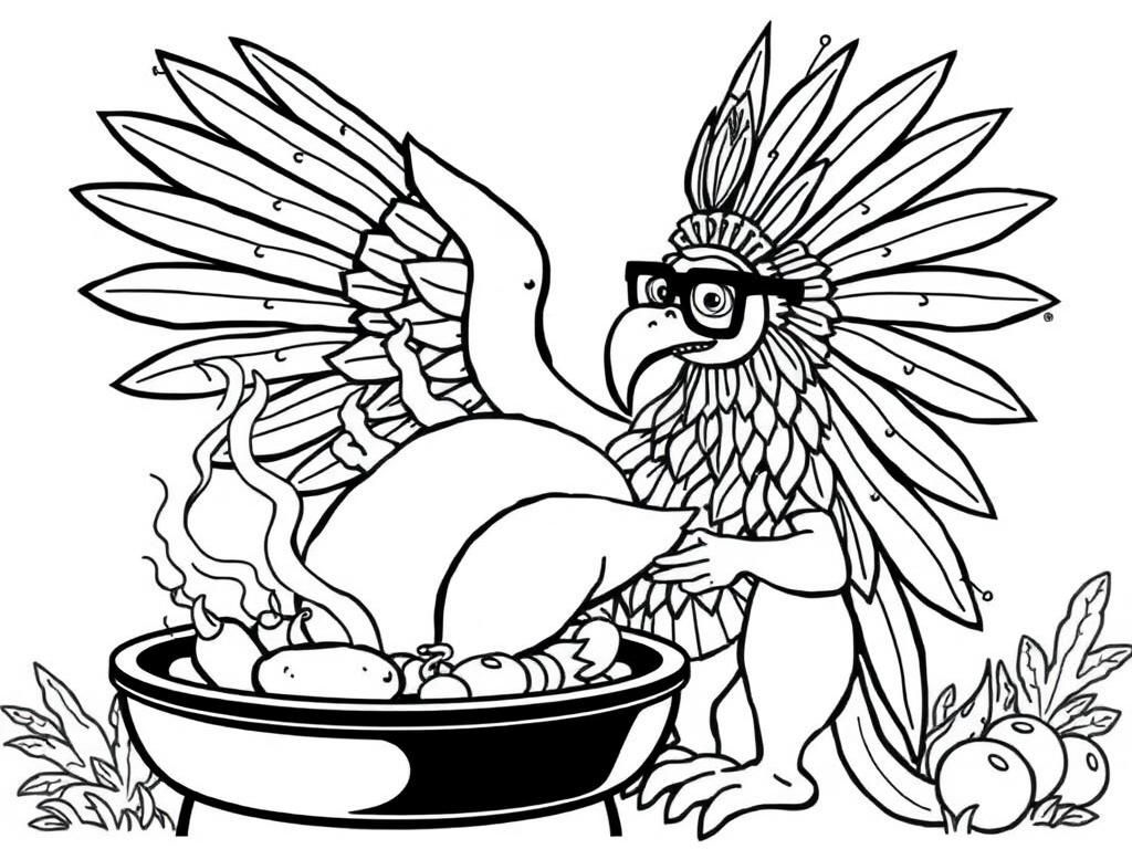 quetzalcoatl cooking turkey on a grill wearing glasses