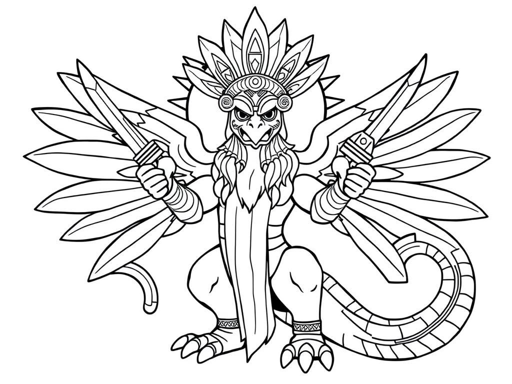 quetzalcoatl posing with nunchucks and the sun