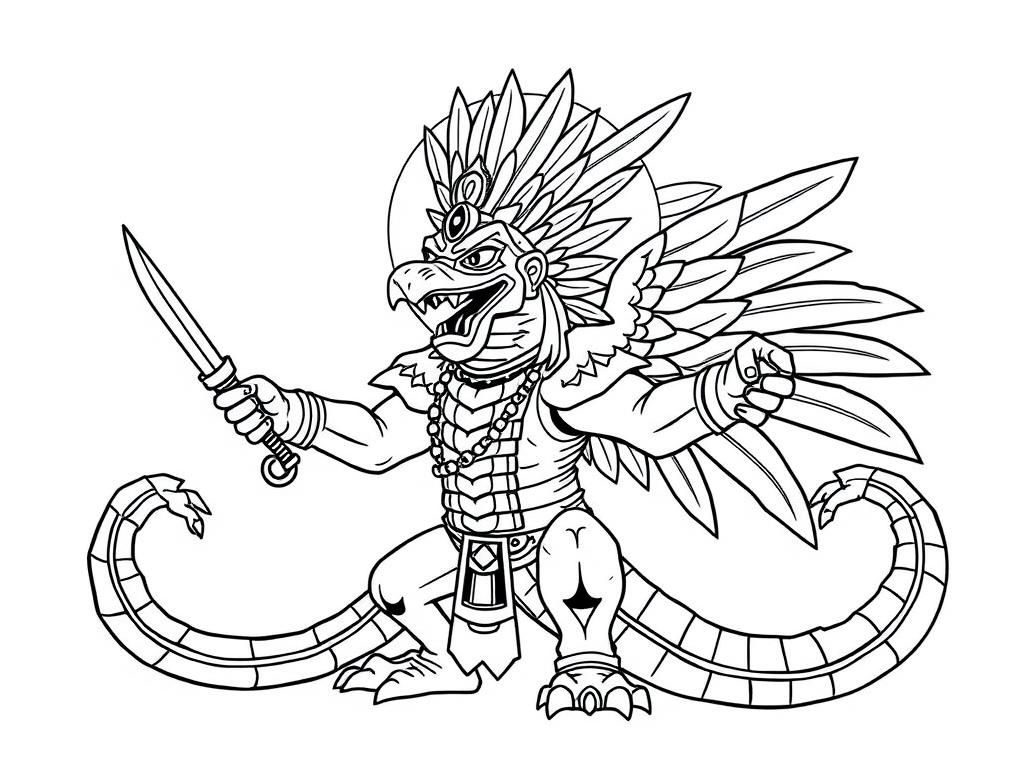 quetzalcoatl posing with nunchucks and the sun