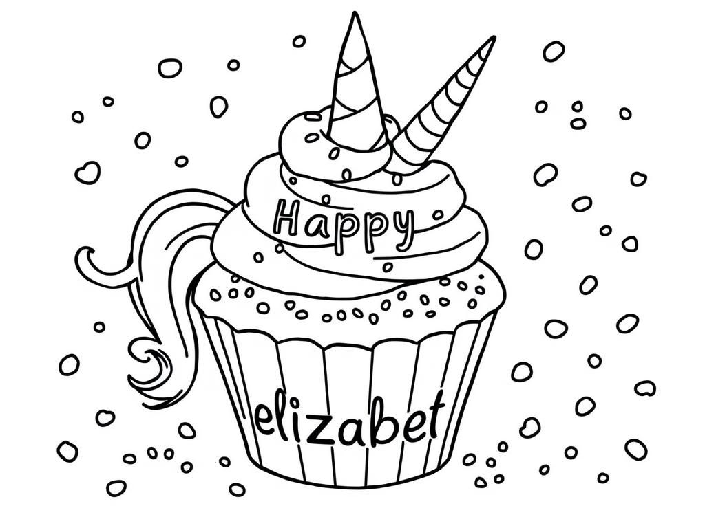 Preview of raibow unicorn sprinkles with cupcake with "happy birthday elizabeth" text