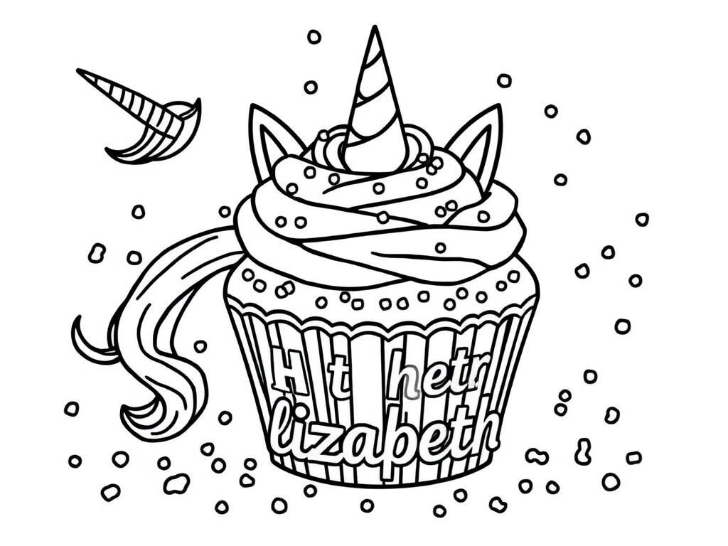 Preview of raibow unicorn sprinkles with cupcake with "happy birthday elizabeth" title