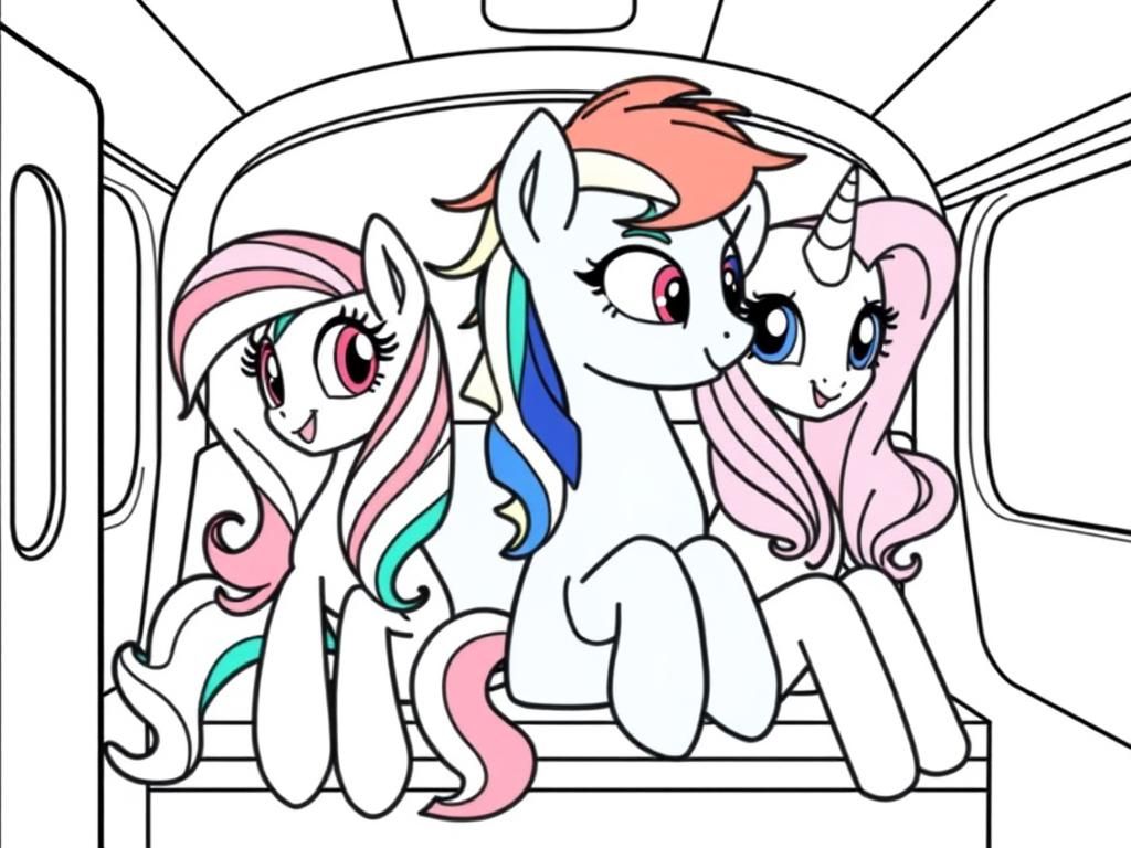 rainbow dash, Luna and celestia sitting in a train coupe